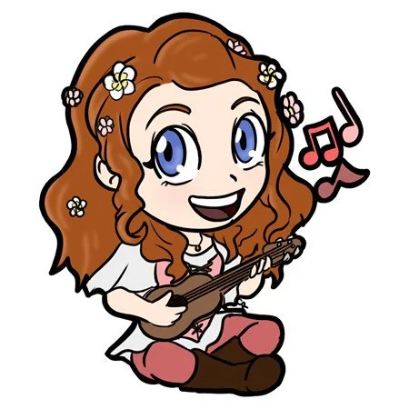 Cute cartoon girl with long brown hair, flowers in her hair, playing a guitar and singing
