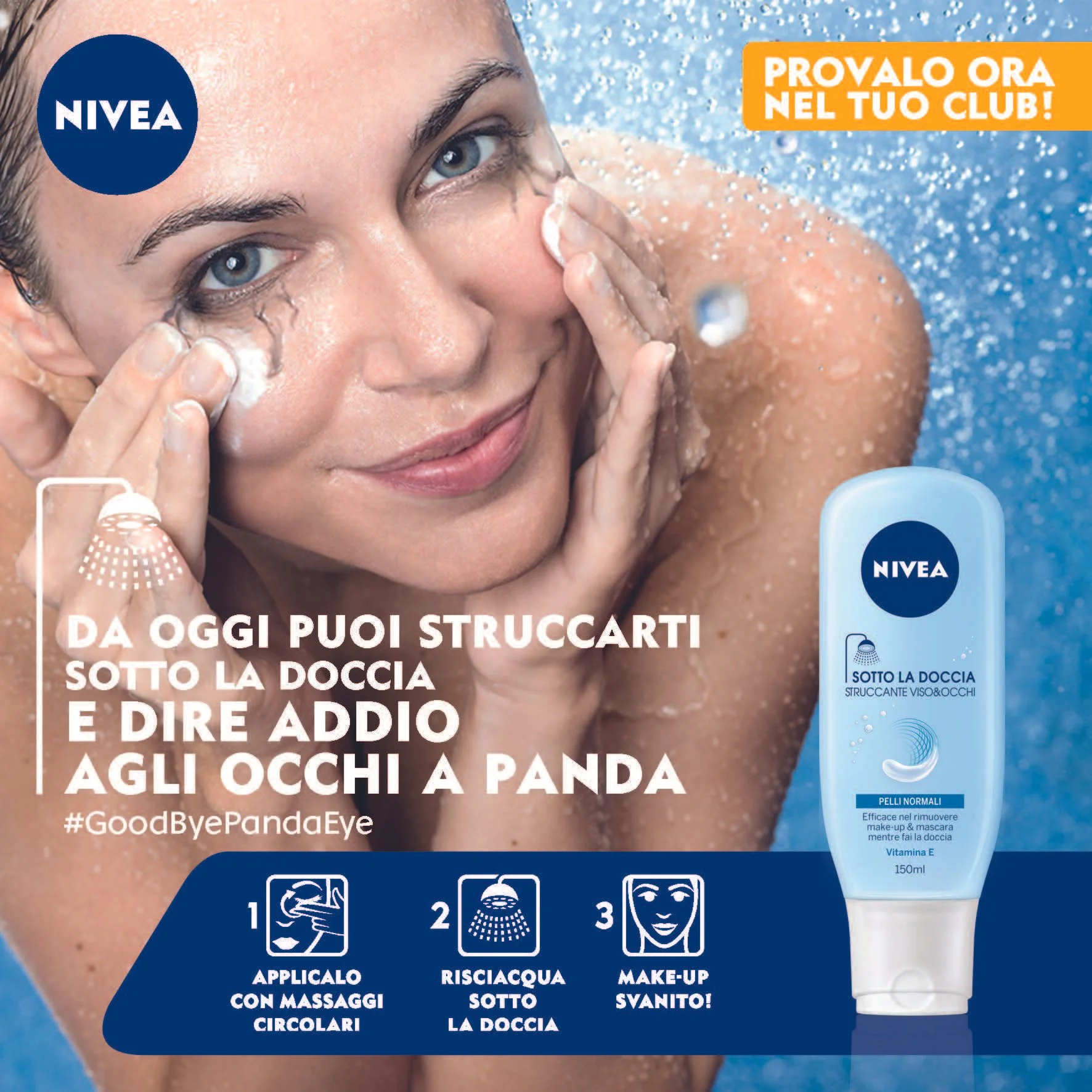 Pubblicità di un prodotto Nivea per la cura della pelle, con una donna che si lava il viso sotto la doccia