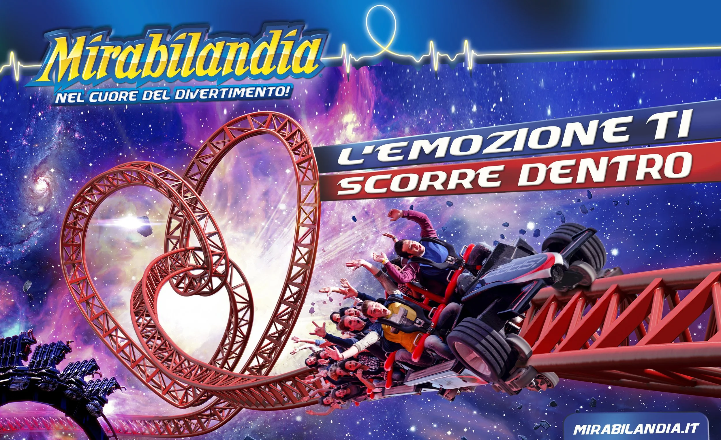 Immagine promozionale di Mirabilandia con una montagna russa, sfondo spaziale con galassie e stelle, e testo in italiano che dice 'L'emozione ti scorre dentro'.