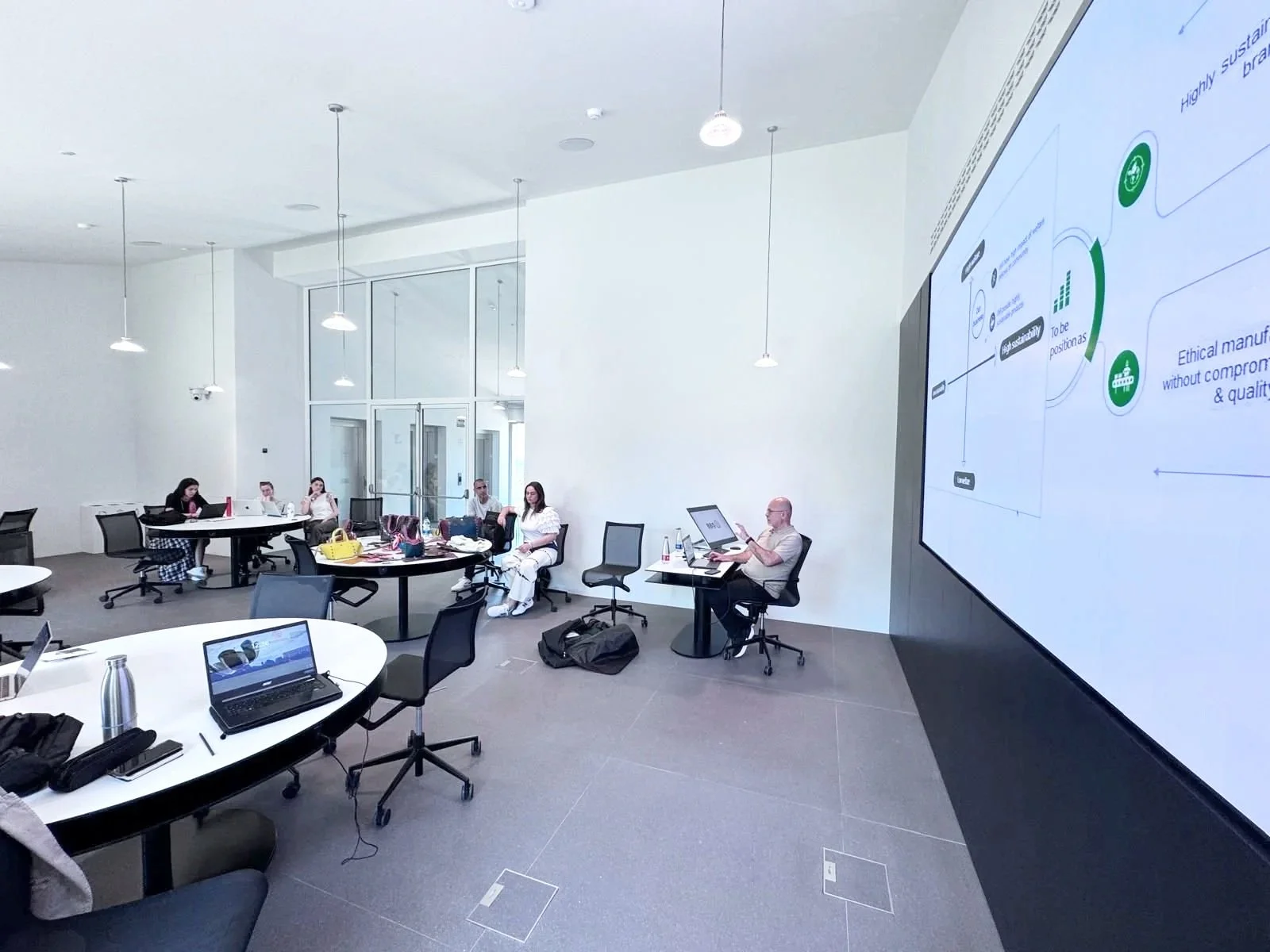 Sala riunioni moderna con schermo grande che mostra una presentazione, alcune persone sedute ai tavoli con laptop e altri dispositivi, alcuni in attesa o lavorando.