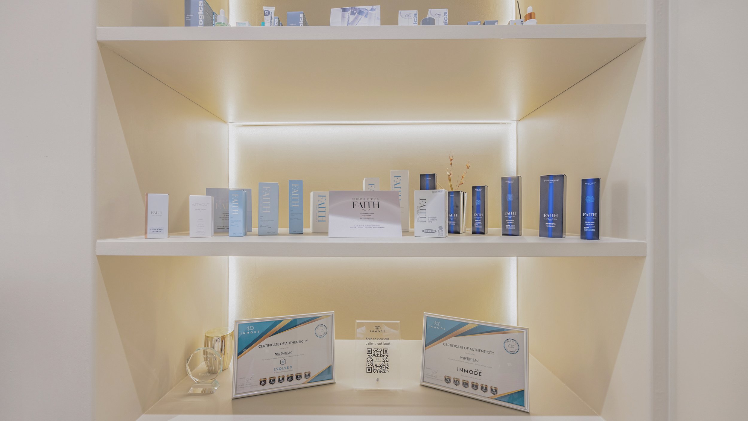 Clinical skincare product shelves at Noa Skin Zetland — Dermalogica, FAITH and professional-grade brands available in Sydney