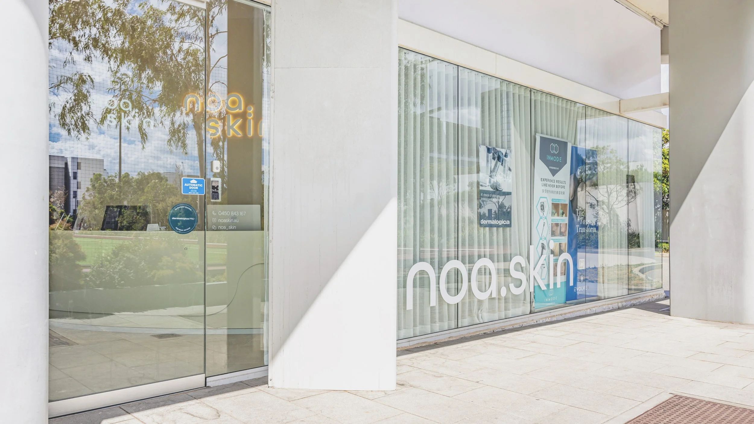 Noa Skin exterior at Shop 1 6 Rose Valley Way, Zetland — glass entry to our skin clinic in Sydney's inner south