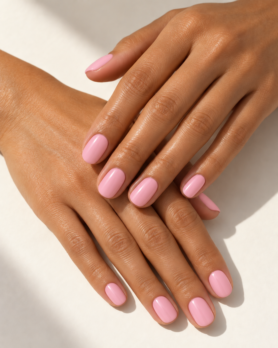 Close-up of manicured hands with glossy pink oval-shaped nails crossed on a light background