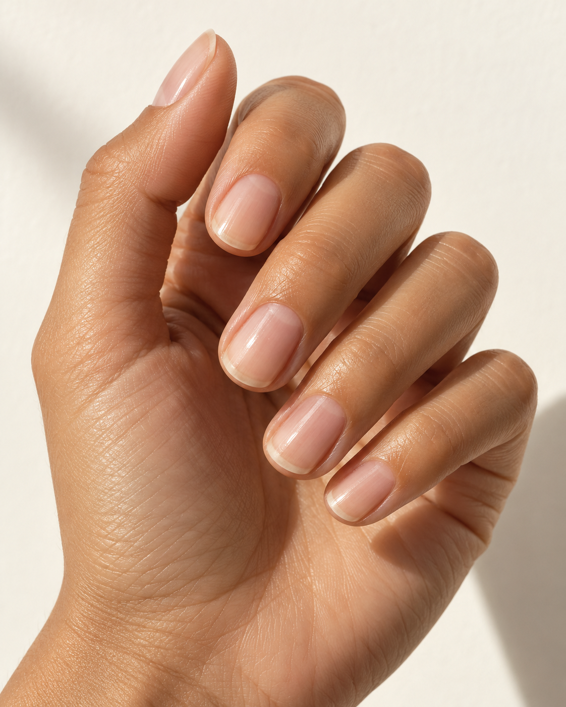 Close-up of a hand with clean, natural, rounded fingernails