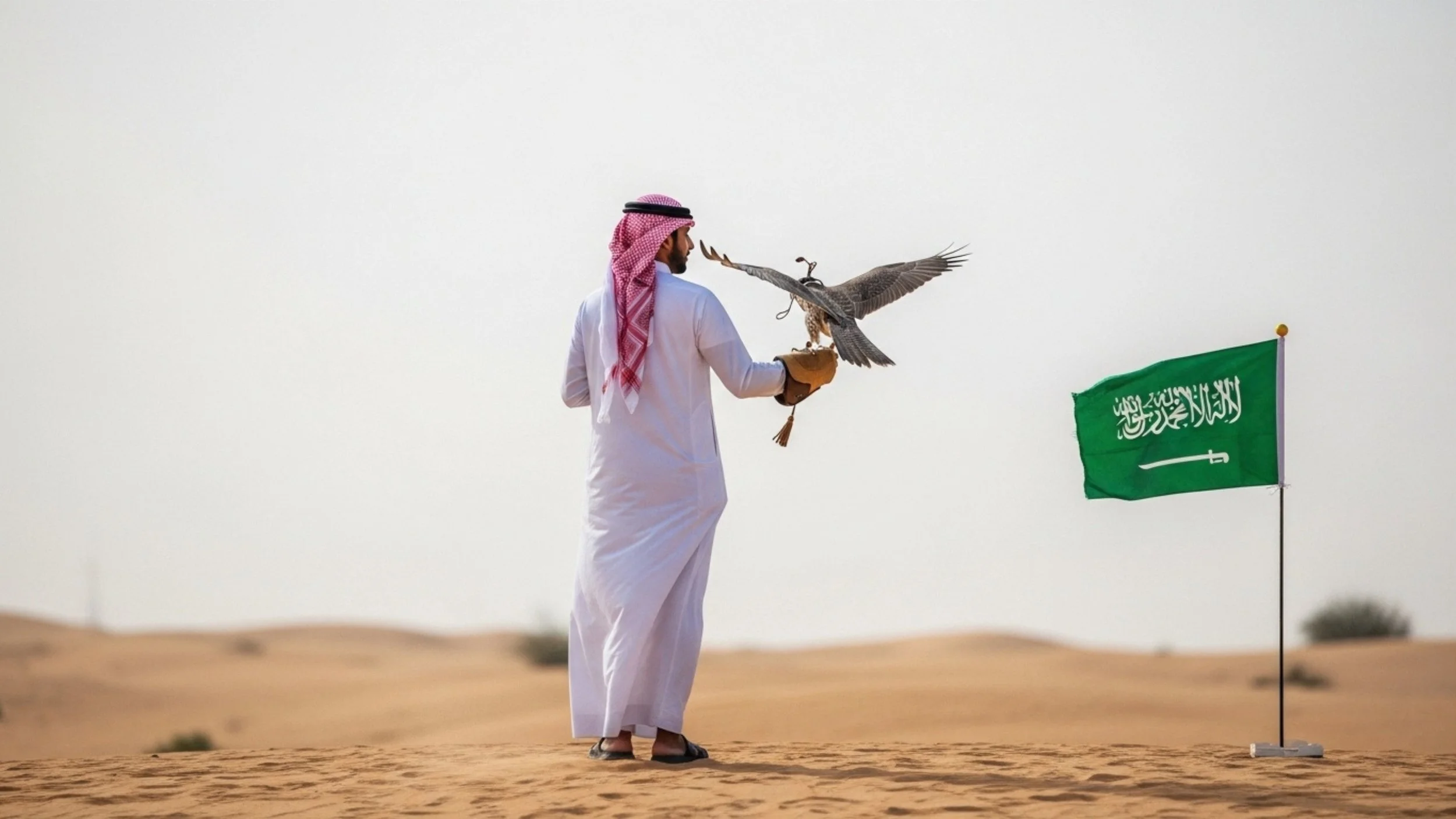 Man in Saudi attire holding a falcon in a desert, with a Saudi Arabian flag on a pole to the right.