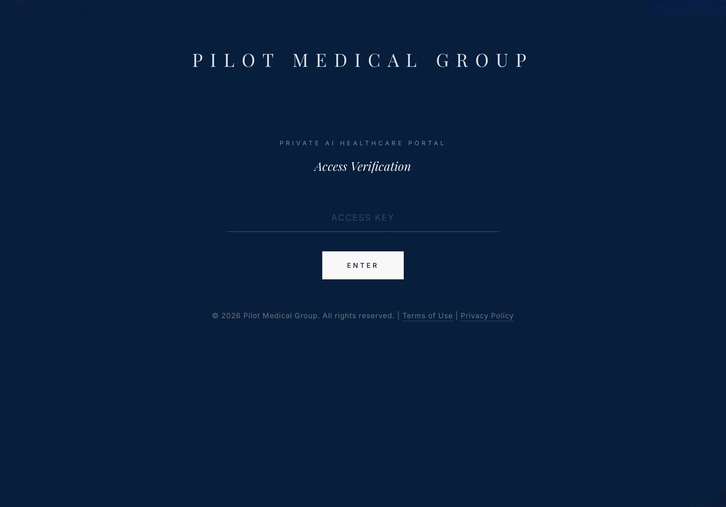 Login screen for Pilot Medical Group's private AI healthcare portal with options for access verification and enter button.