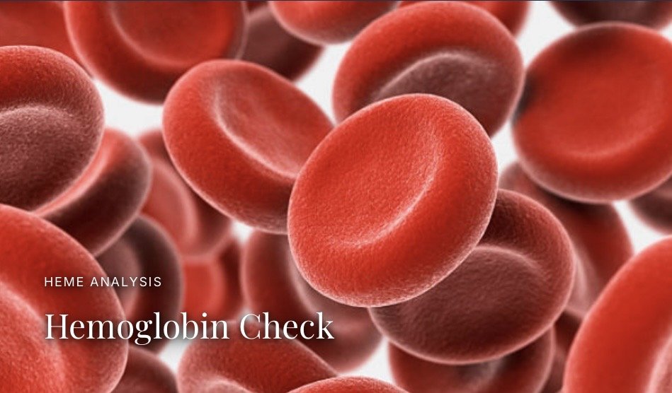 Close-up illustration of red blood cells with text overlay reading 'HEME ANALYSIS Hemoglobin Check'.