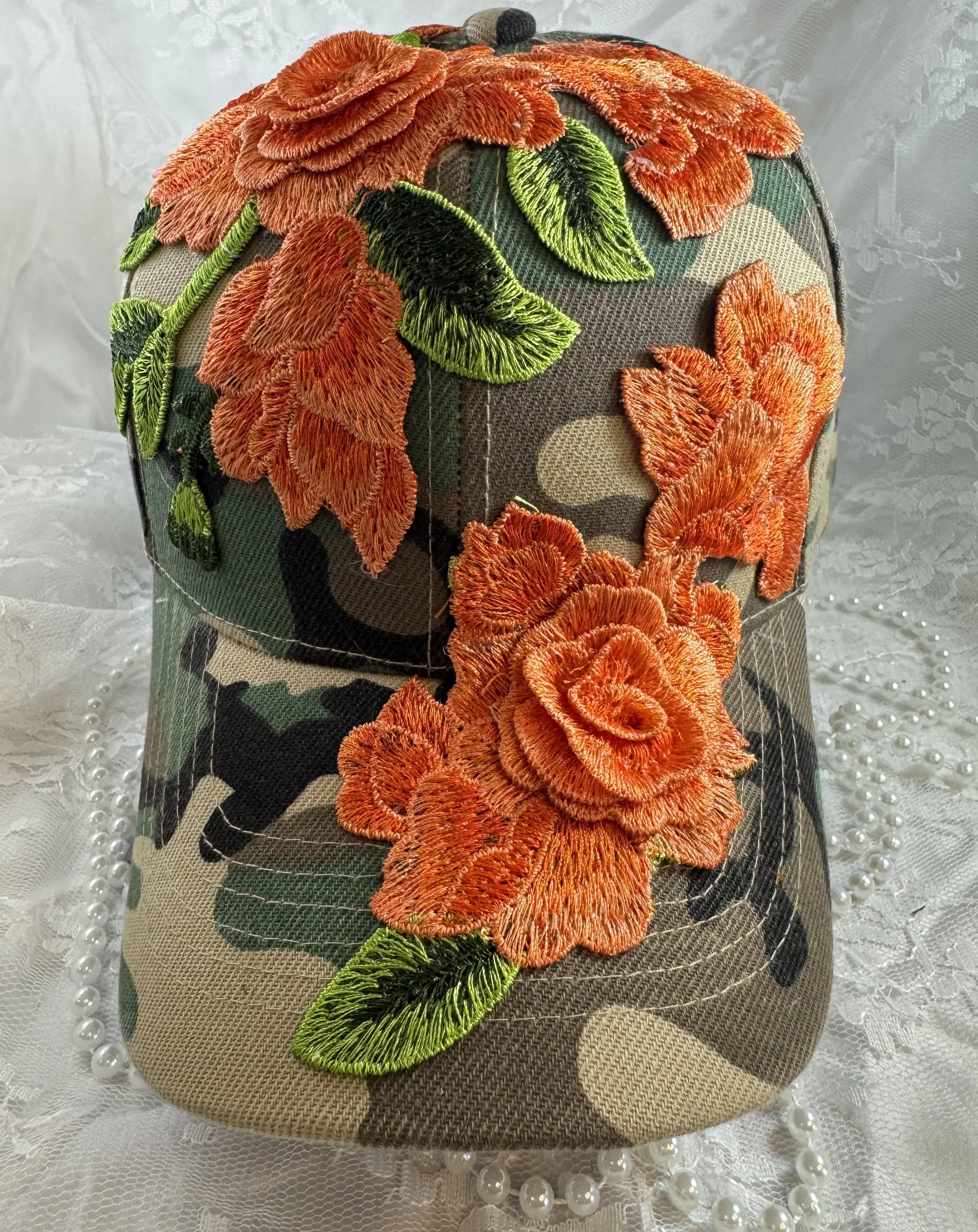 Orange Floral Embroidered Camo Cap