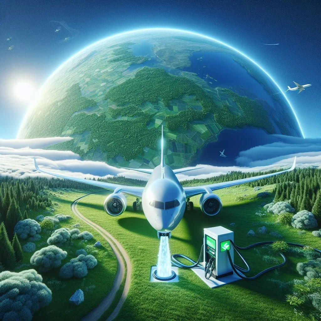 An airplane refueling from a charging station in a lush green landscape with a view of Earth from space in the background.
