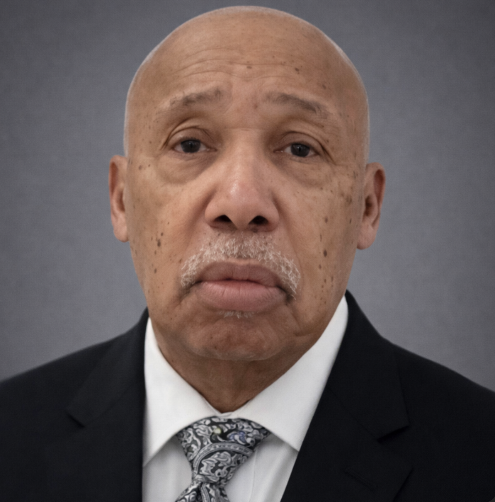 Close-up of an older man with a bald head, wearing a black suit, white shirt, and patterned tie, with a neutral expression against a gray background.