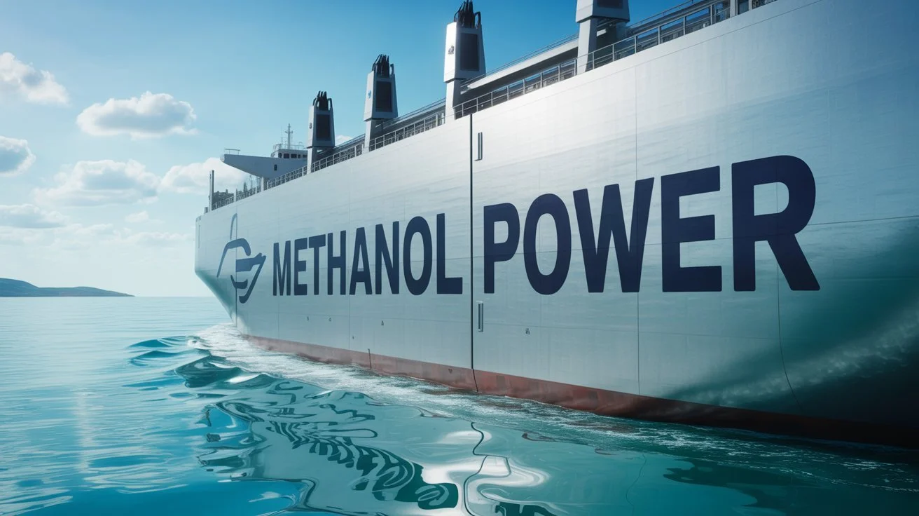 A large ship with the words "Methanol Power" on its side, sailing through calm water on a sunny day.