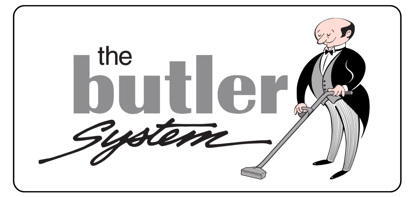 Logo for the butler system featuring a cartoon butler in a tuxedo vacuuming the floor, with the words 'the butler system' in stylized text.