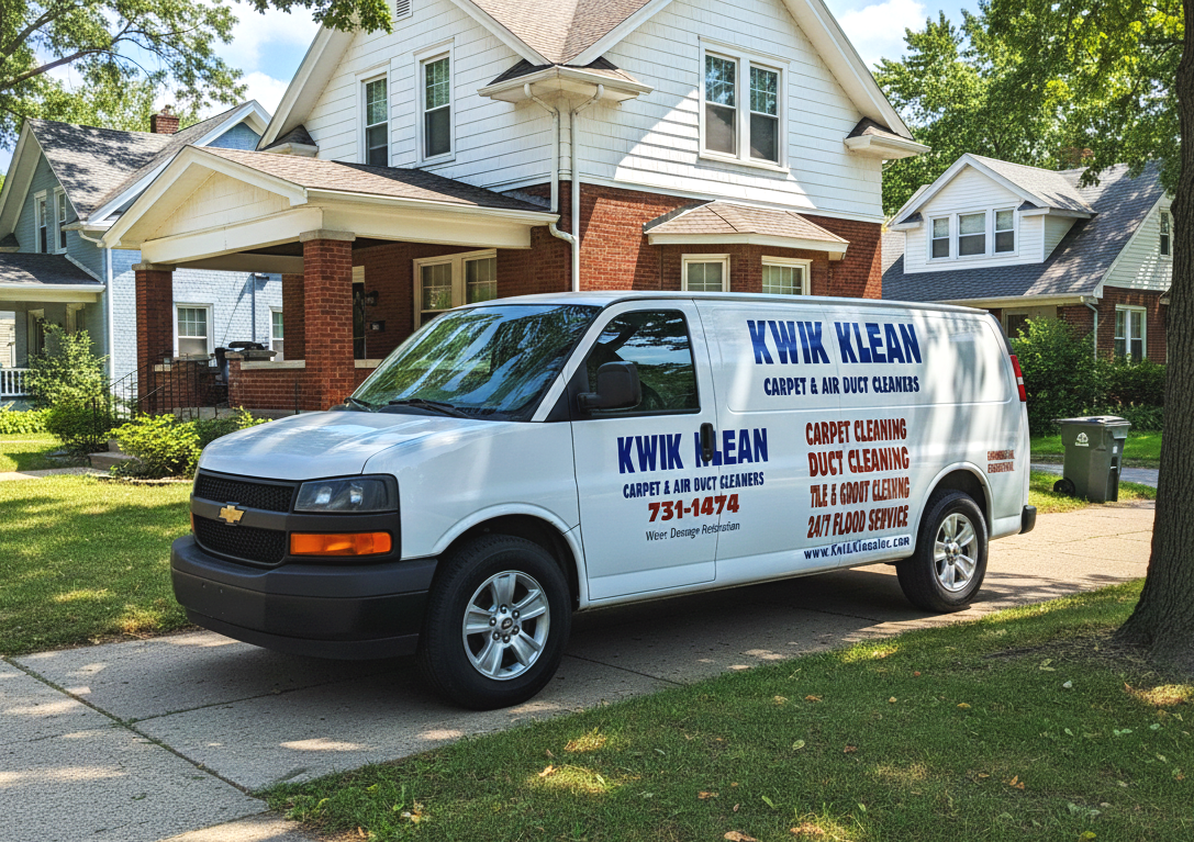 A white work van parked on a residential street in front of a house, with company information and services printed on the side, including carpet and air duct cleaning, duct cleaning, tile and grout cleaning, and 24/7 flood service.