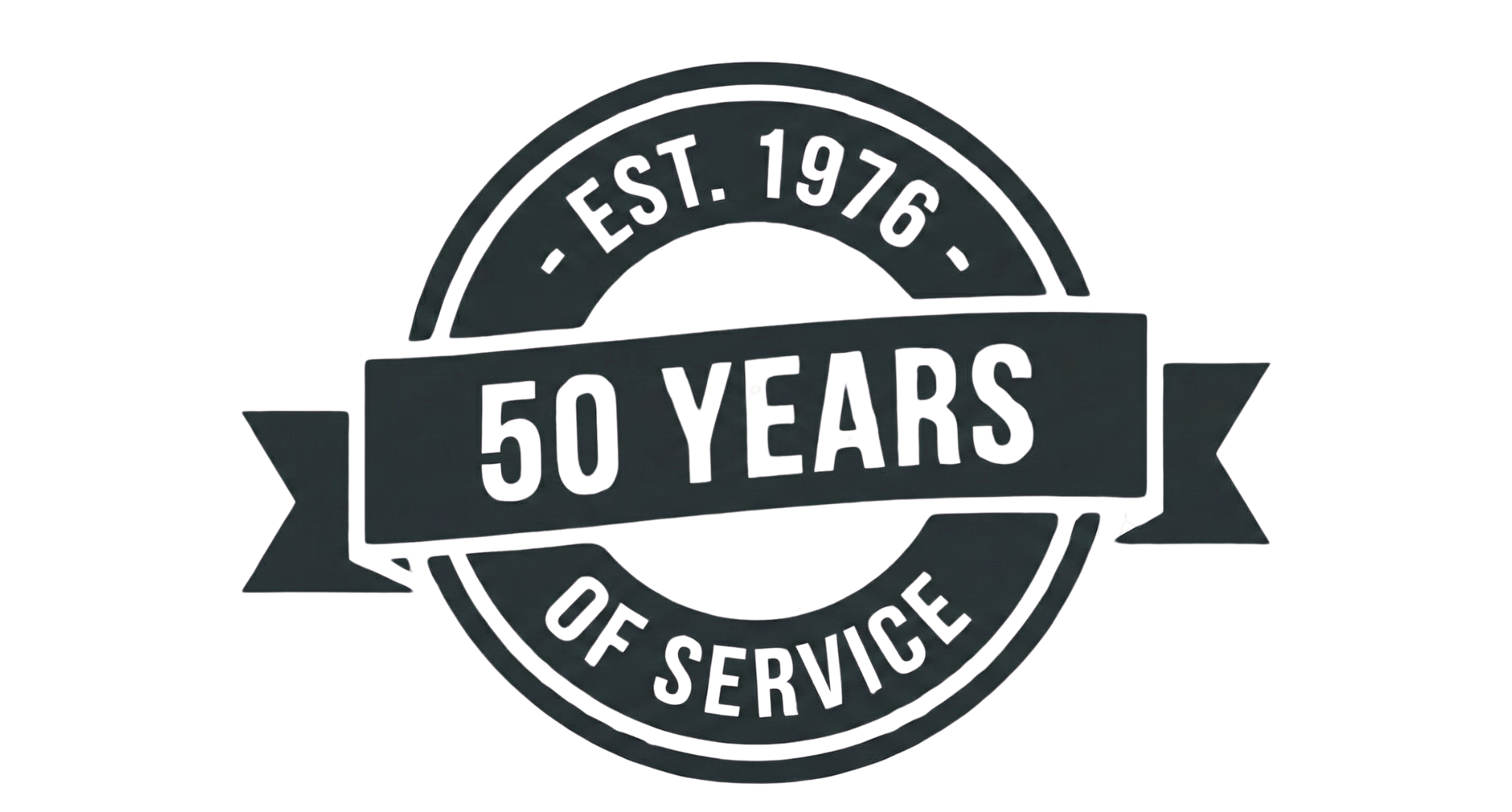A metallic emblem celebrating 50 years of service, with a circular design and a banner across it reading '50 Years.' The top of the circle has the text 'Est. 1976,' and the bottom says 'Of Service.'