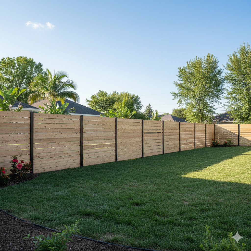 A backyard with a new wooden privacy fence, green grass, and trees in the background on a sunny day.
