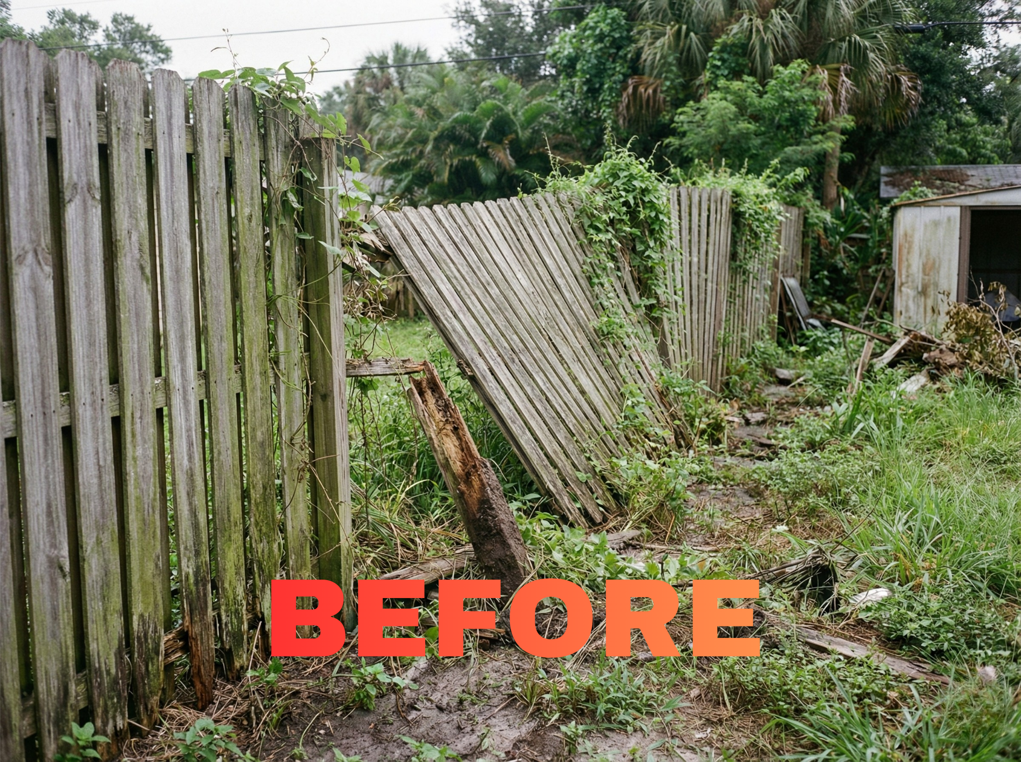 Damaged &amp; Leaning Fence Before Replacement
