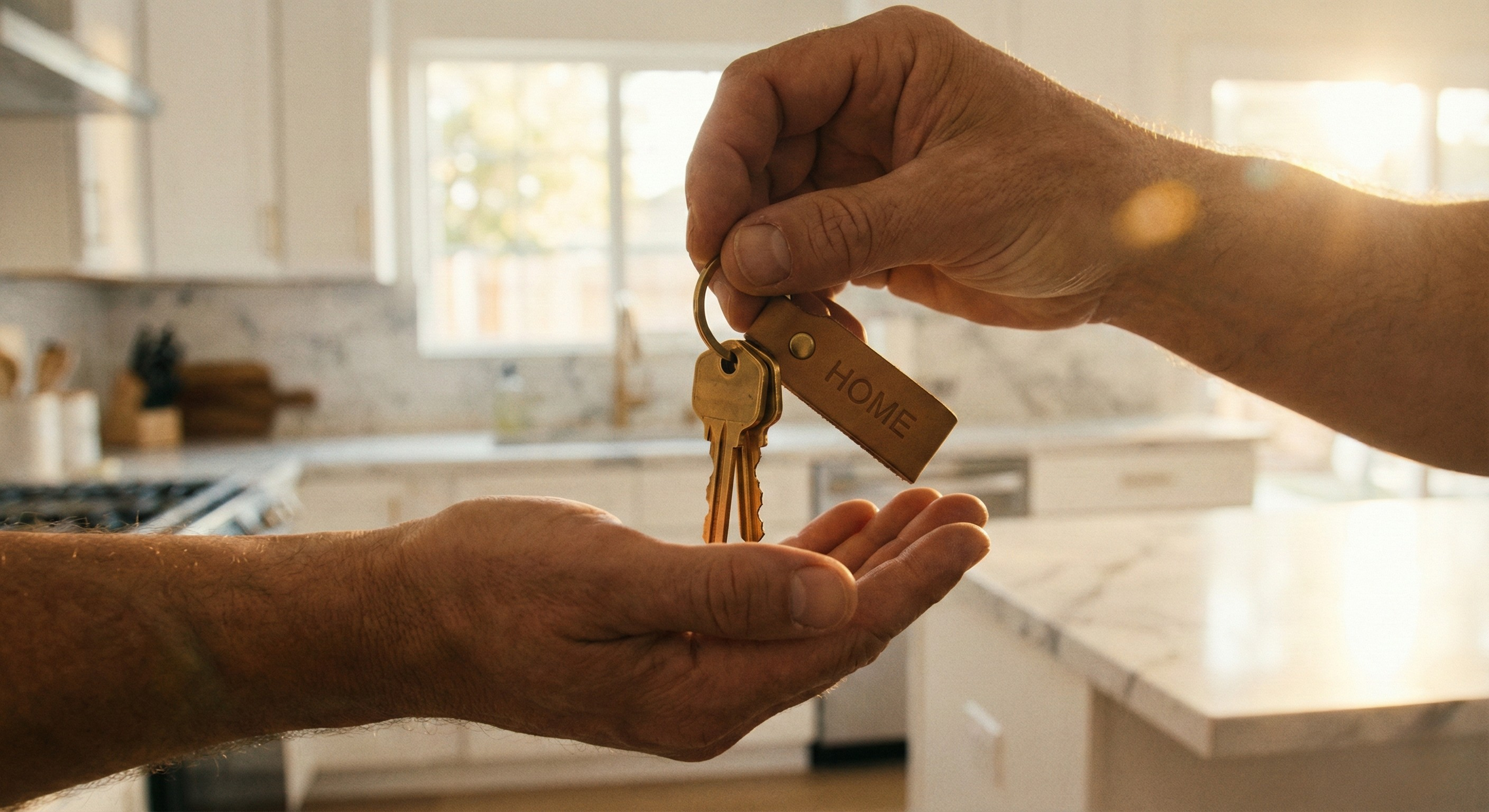 Two hands exchanging a set of keys, with one keyring labeled 'HOME' in a bright kitchen setting.