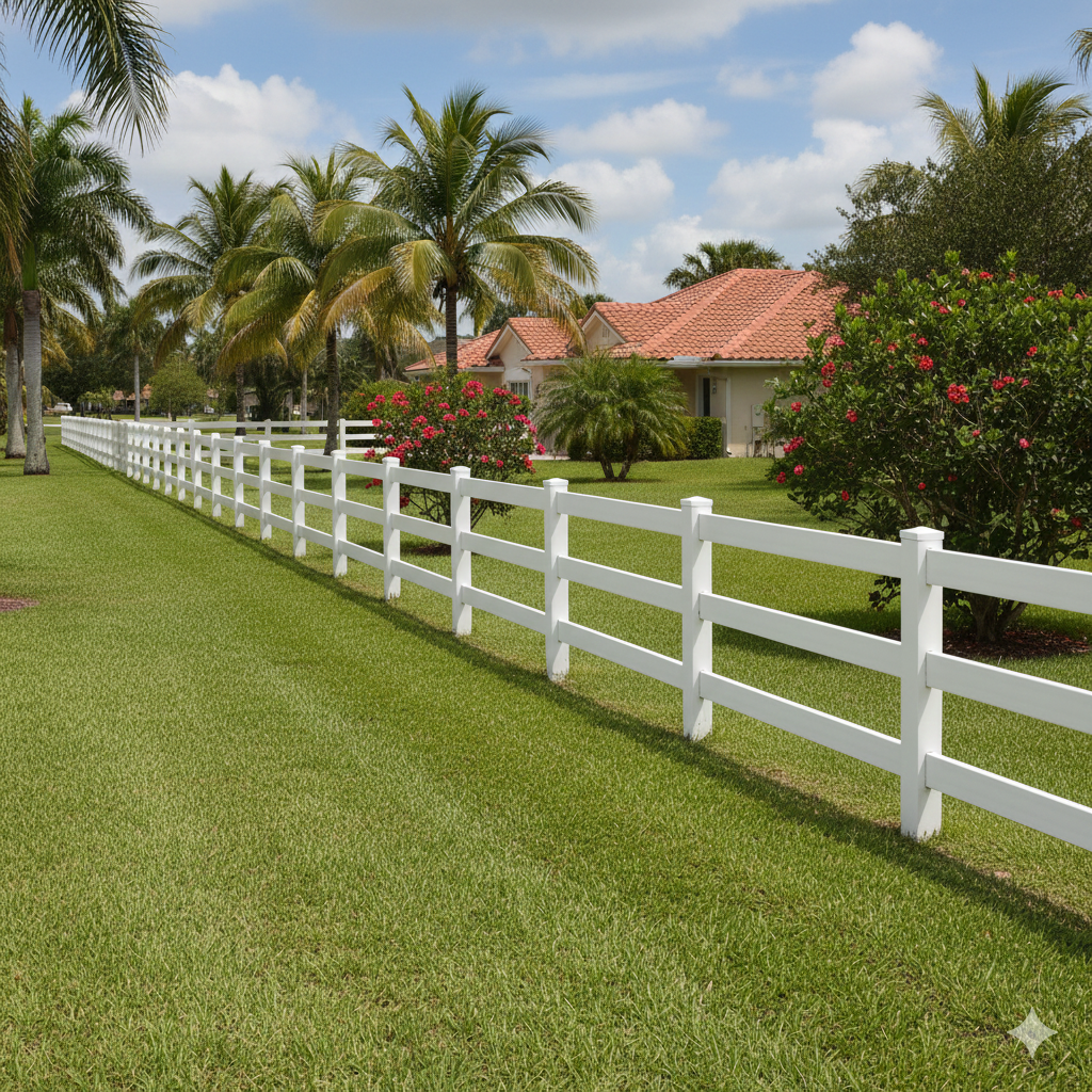 A suburban yard with green grass, a white wooden fence, tropical palm trees, flowering bushes, and a house with a red-tile roof under a partly cloudy sky.