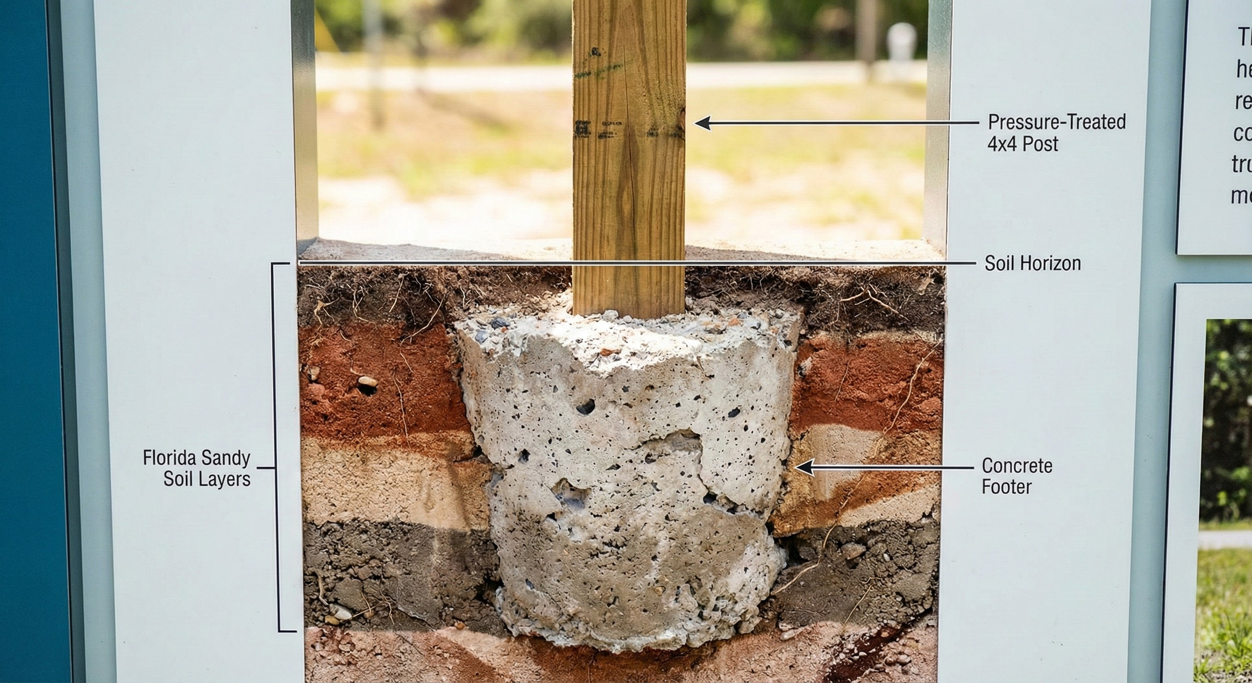 Diagram showing the construction of a support post in sandy soil, with labels indicating a pressure-treated 4x4 post, soil horizon, Florida sandy soil layers, and a concrete footer.