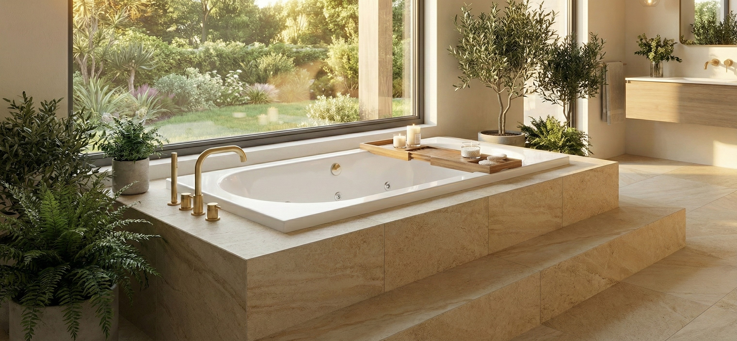 Luxurious bathroom with a built-in bathtub, gold fixtures, and large window showing a green garden outside, with potted plants and candles around the tub.