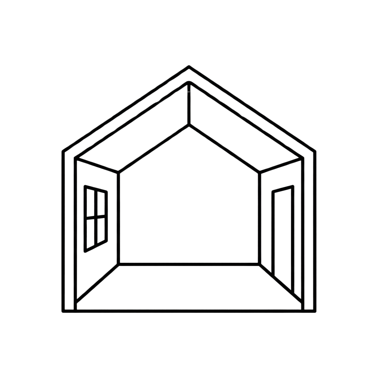 Black and white drawing of an isometric room with one window and a door.