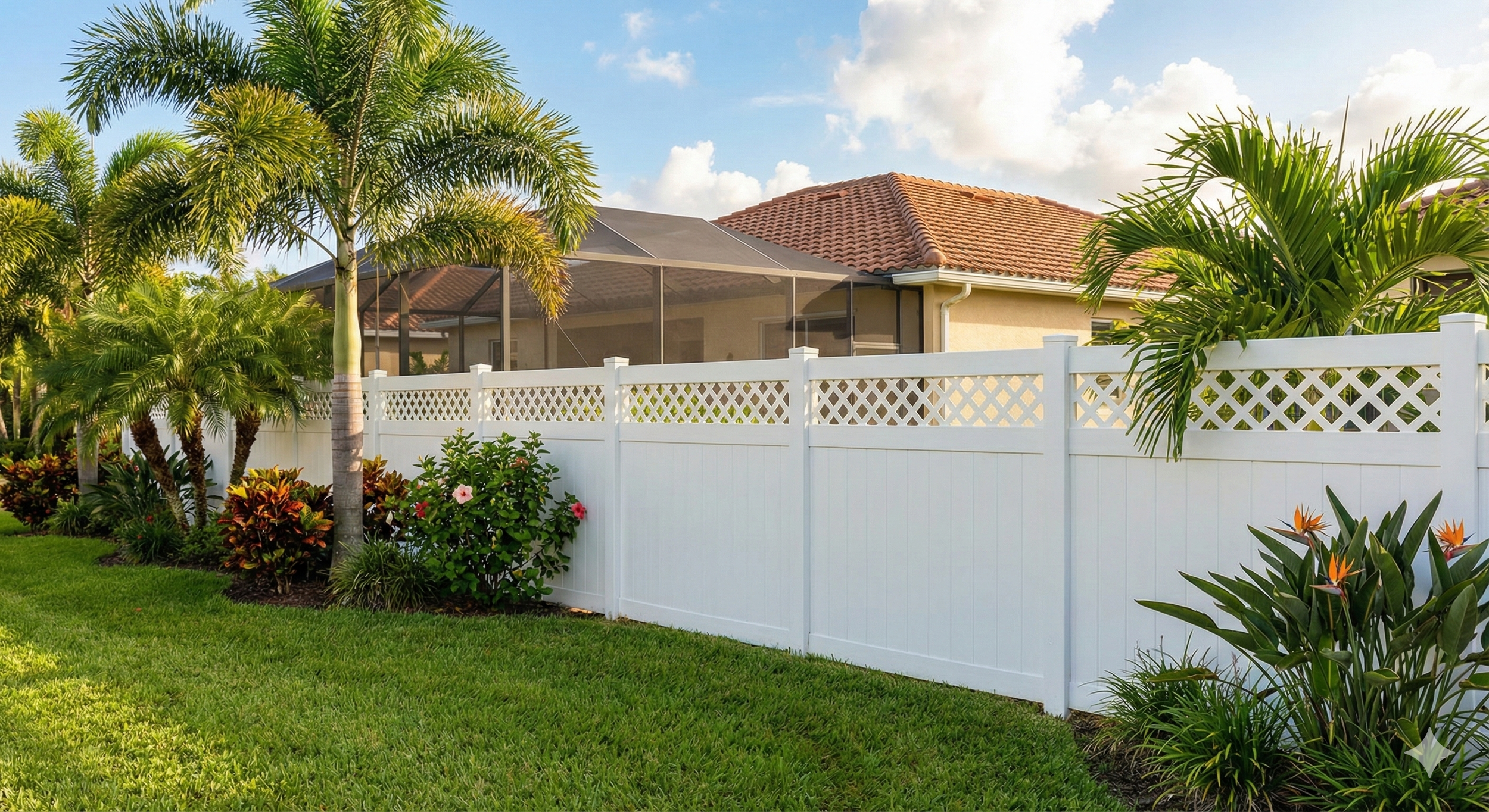 A backyard with green grass, various palm trees and flowering plants, enclosed by a white vinyl fence. A house with a red tile roof and screened porch is in the background under a partly cloudy sky.