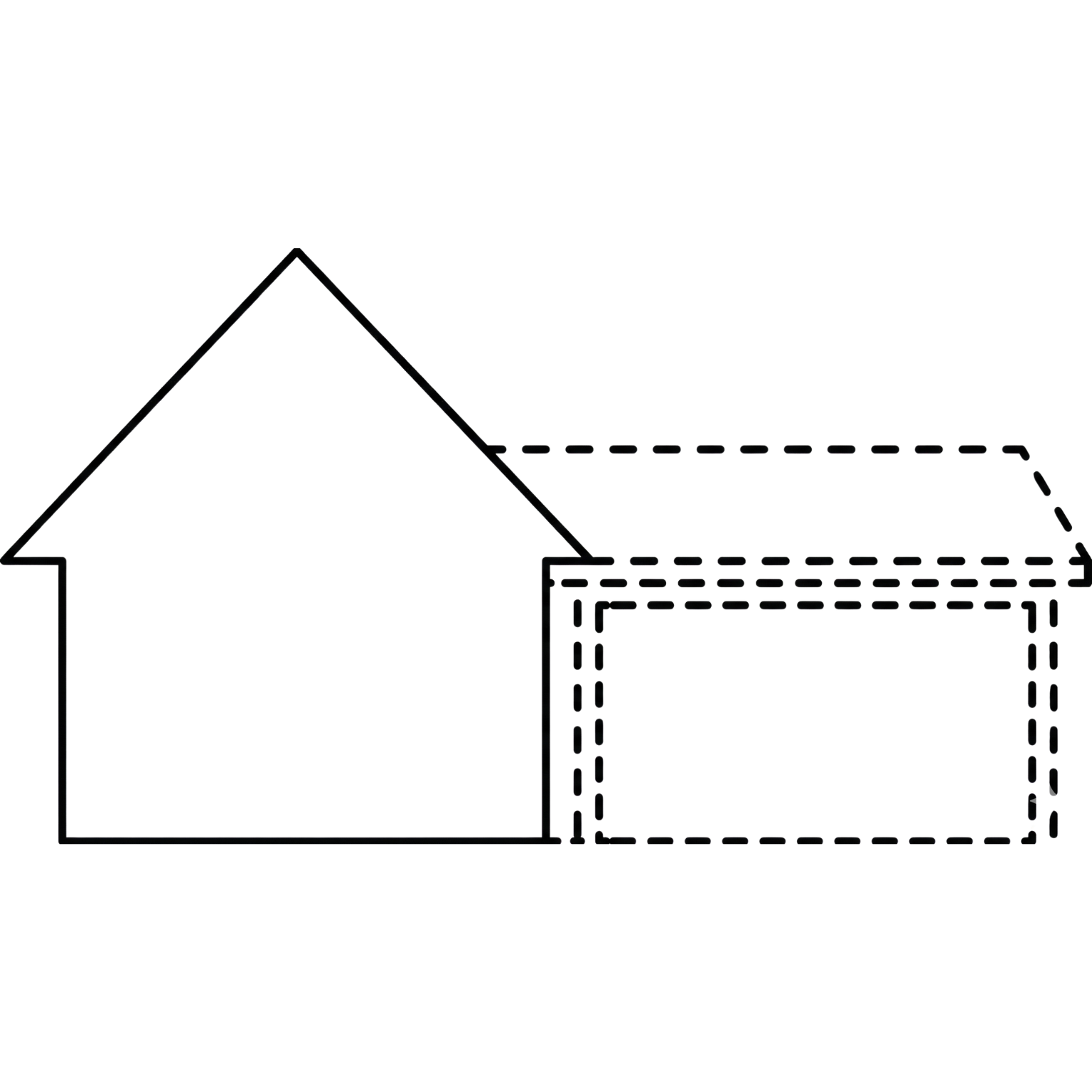 Outline of a house with a detailed roof and a garage with dashed lines showing the garage door outline.