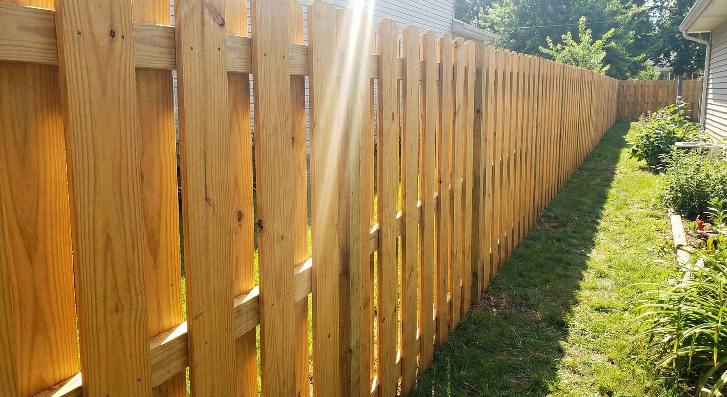 A newly built wooden fence running along the side of a grassy yard, with sunlight streaming through the slats on a sunny day.
