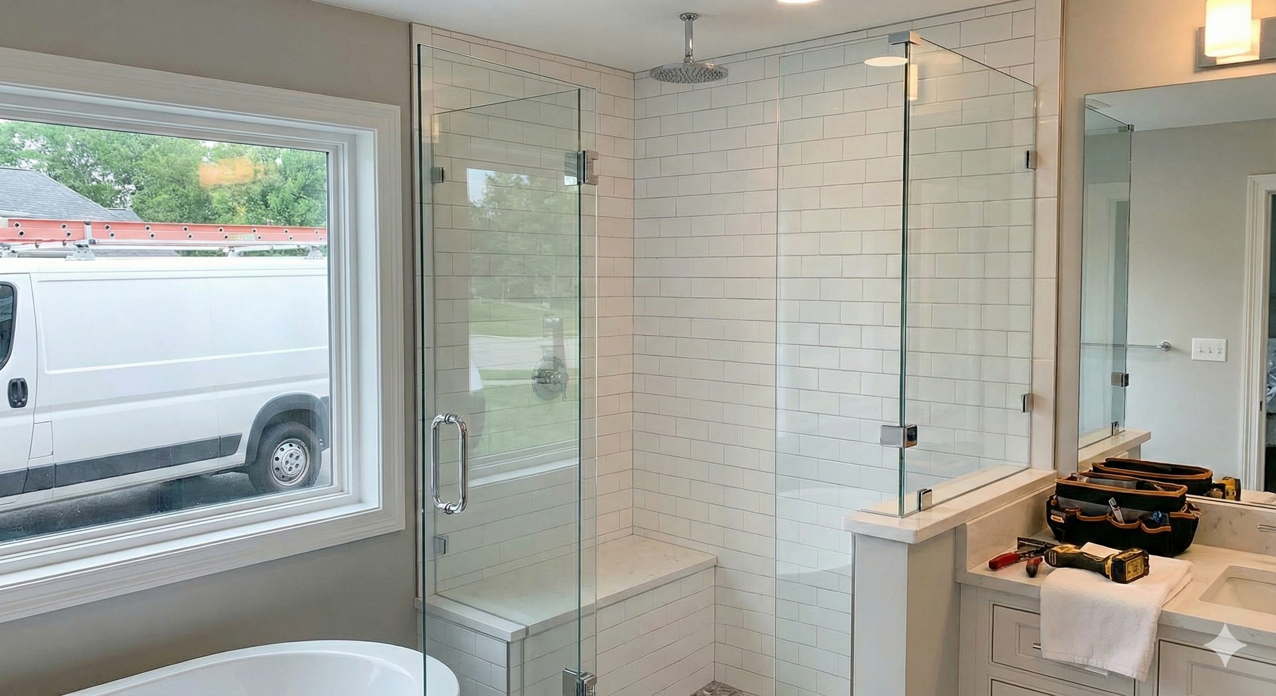 Bathroom with glass shower enclosure, white tiled walls, window showing a white van outside, and bathroom vanity with tools and supplies.