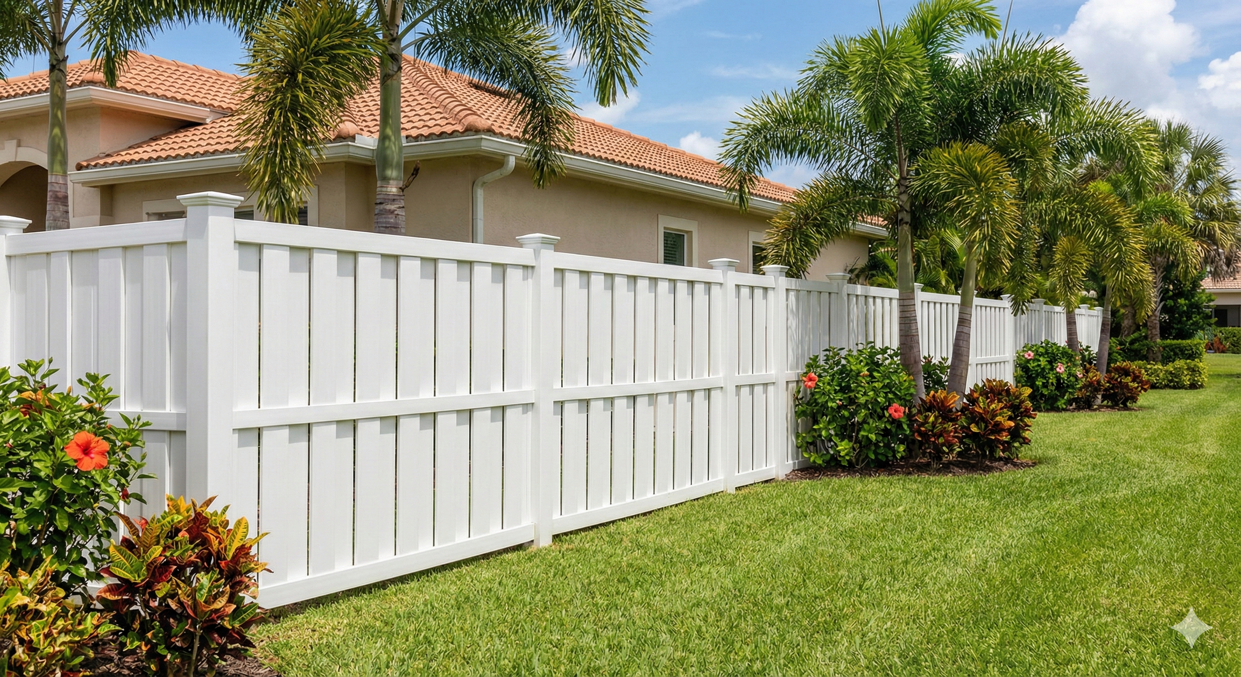 A landscaped backyard with a white wooden fence, palm trees, green shrubs, colorful flowers, and a house with a terracotta tiled roof in the background.
