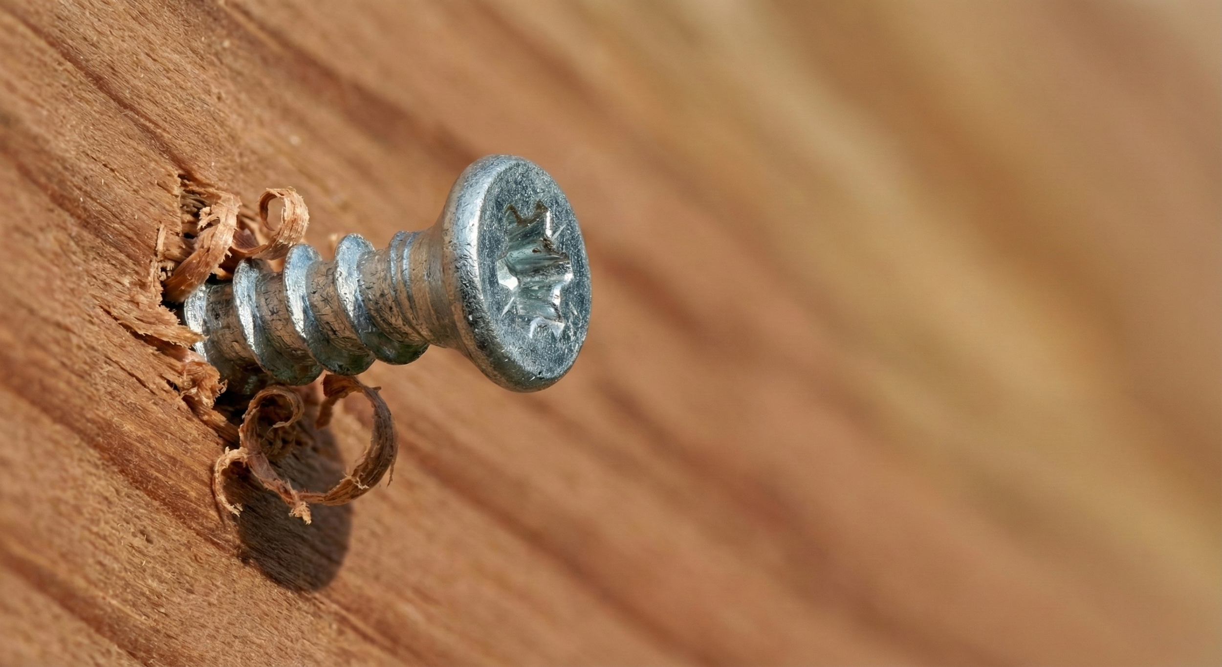 Close-up of a silver screw partially embedded in a wooden surface.