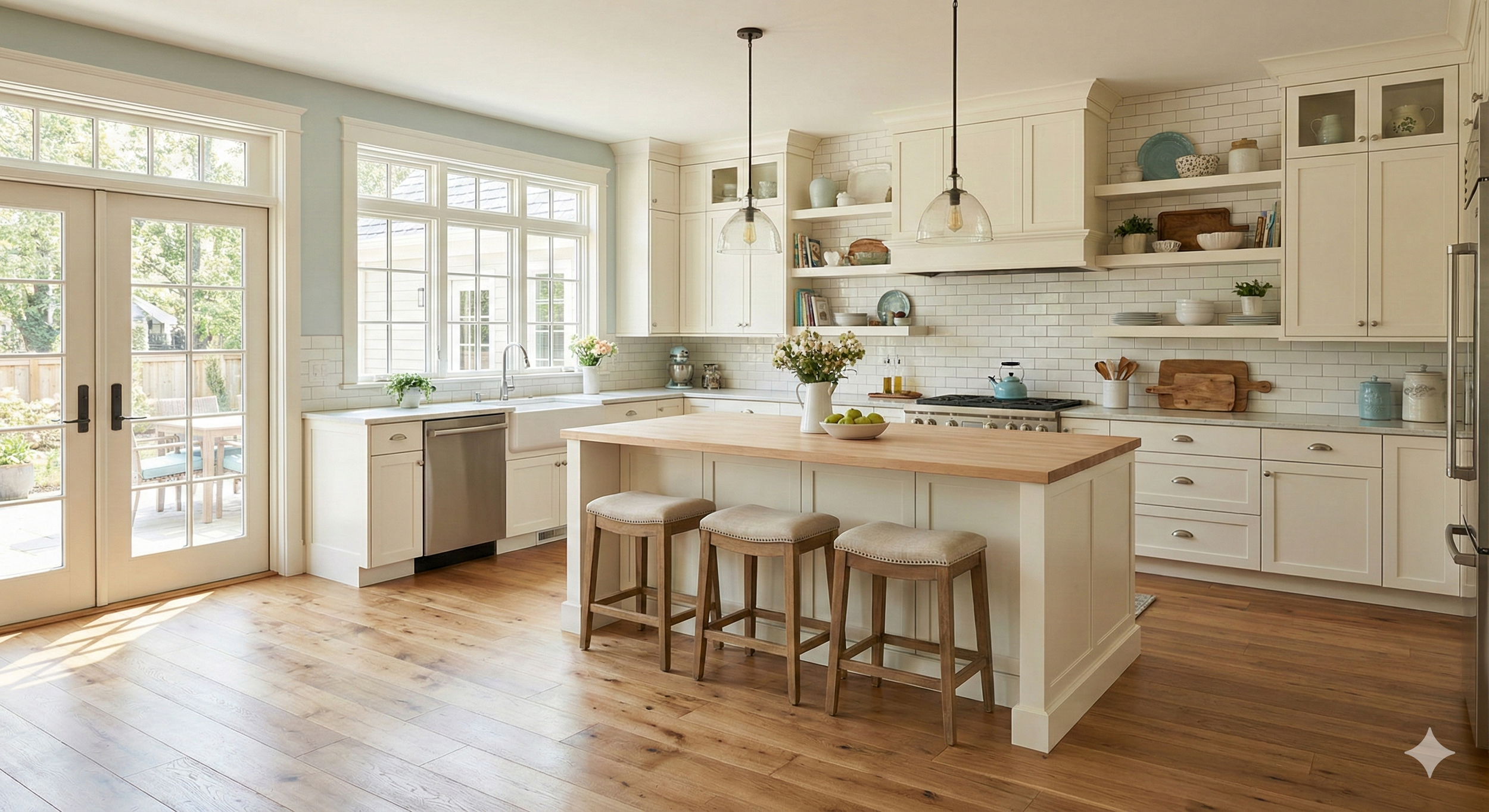 Bright kitchen with white cabinetry, wooden countertop island, open shelves with dishes and decor, and large windows and glass door leading outside.