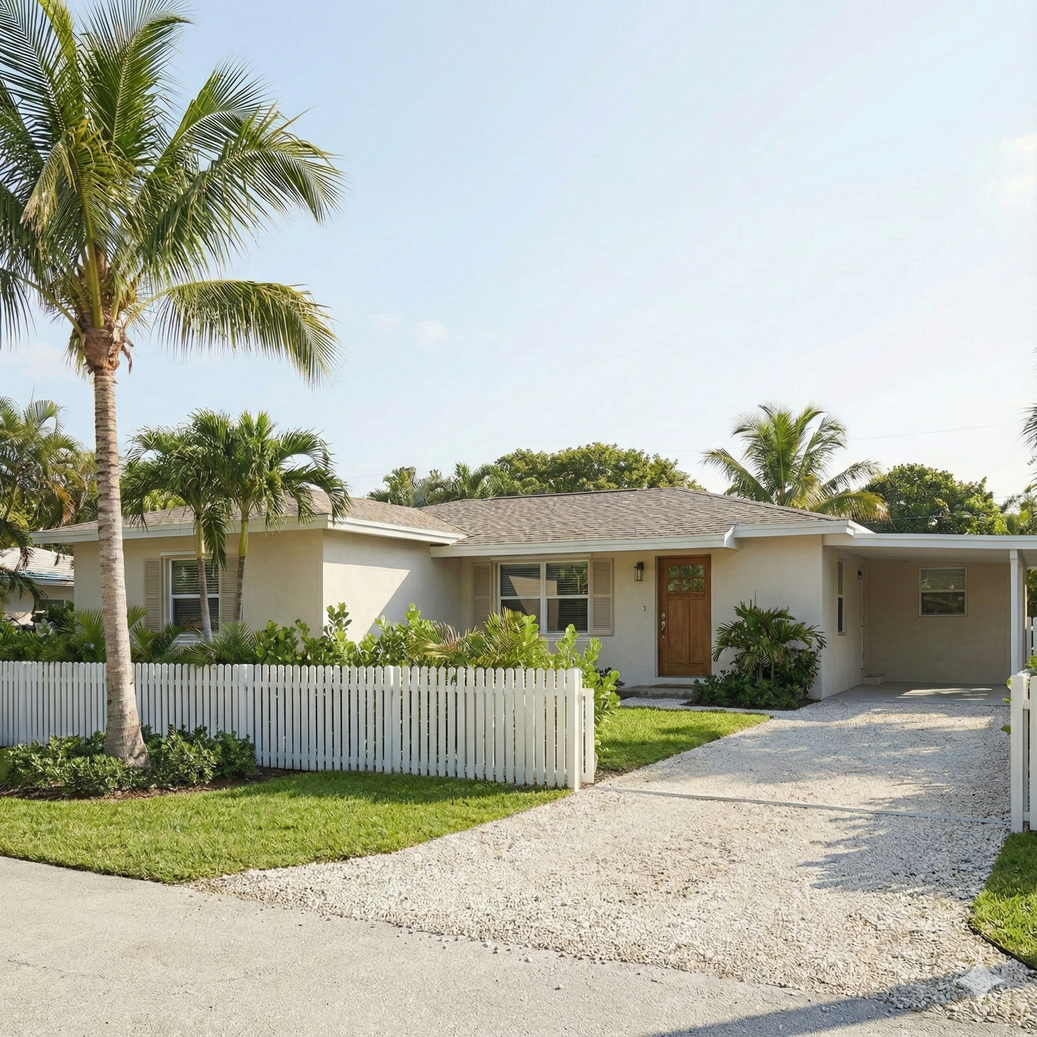 A single-story house with a light exterior, a wooden front door, surrounded by tropical palm trees, a white picket fence, green shrubs, and a gravel driveway.