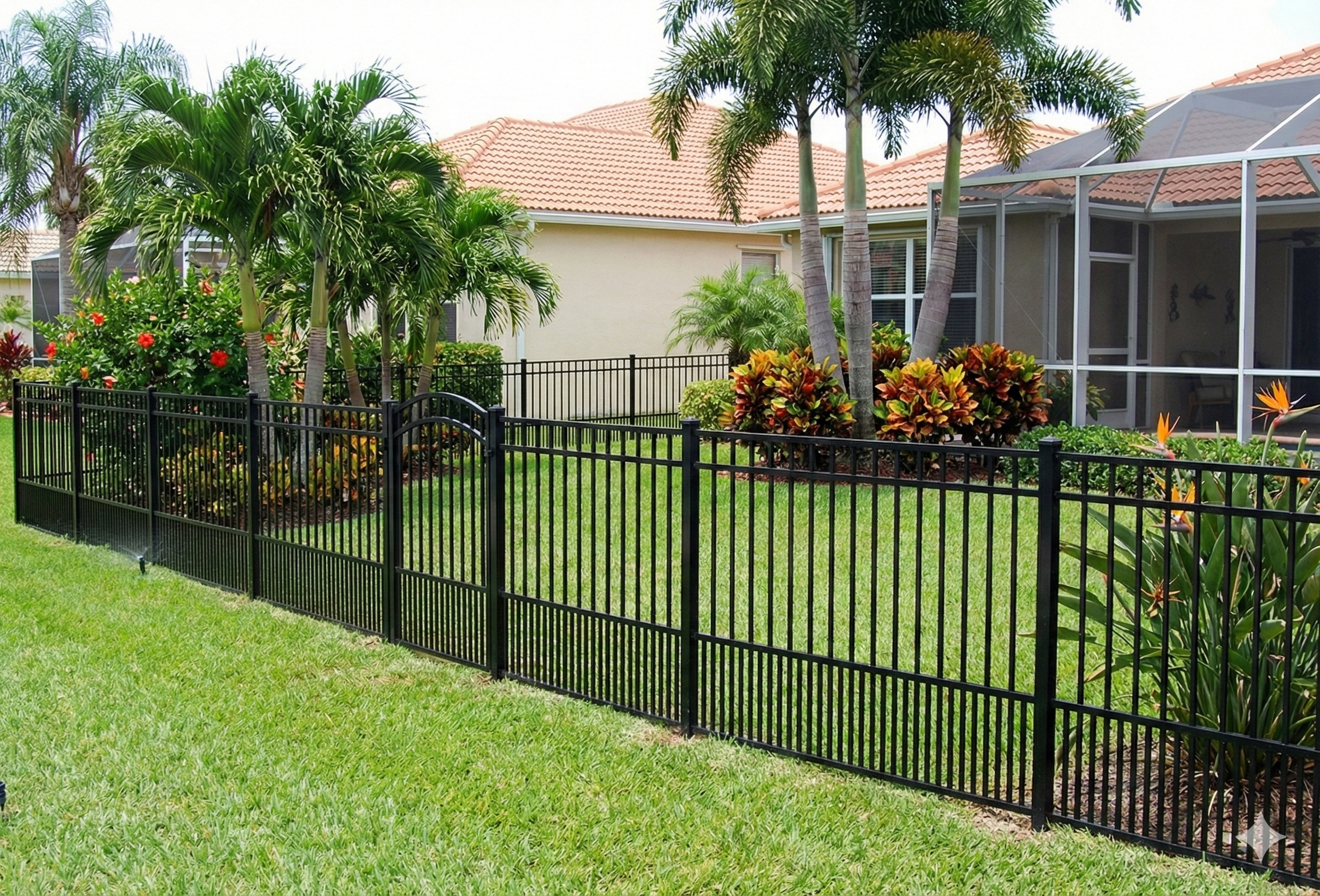 A backyard with a black metal fence, lush green grass, tropical plants, and trees. In the background, there is a house with a tiled roof and a screened-in porch.