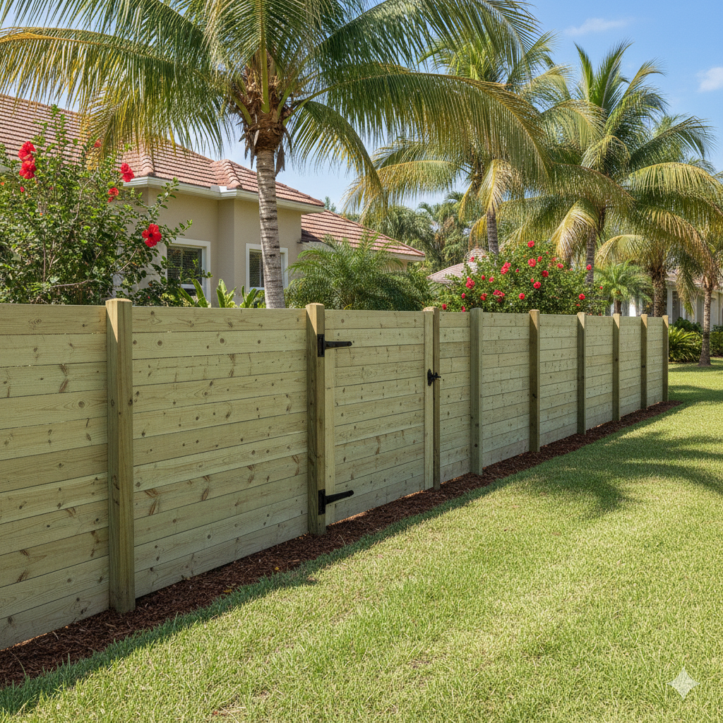 A backyard with a wooden privacy fence, palm trees, and flowering bushes under a clear blue sky.