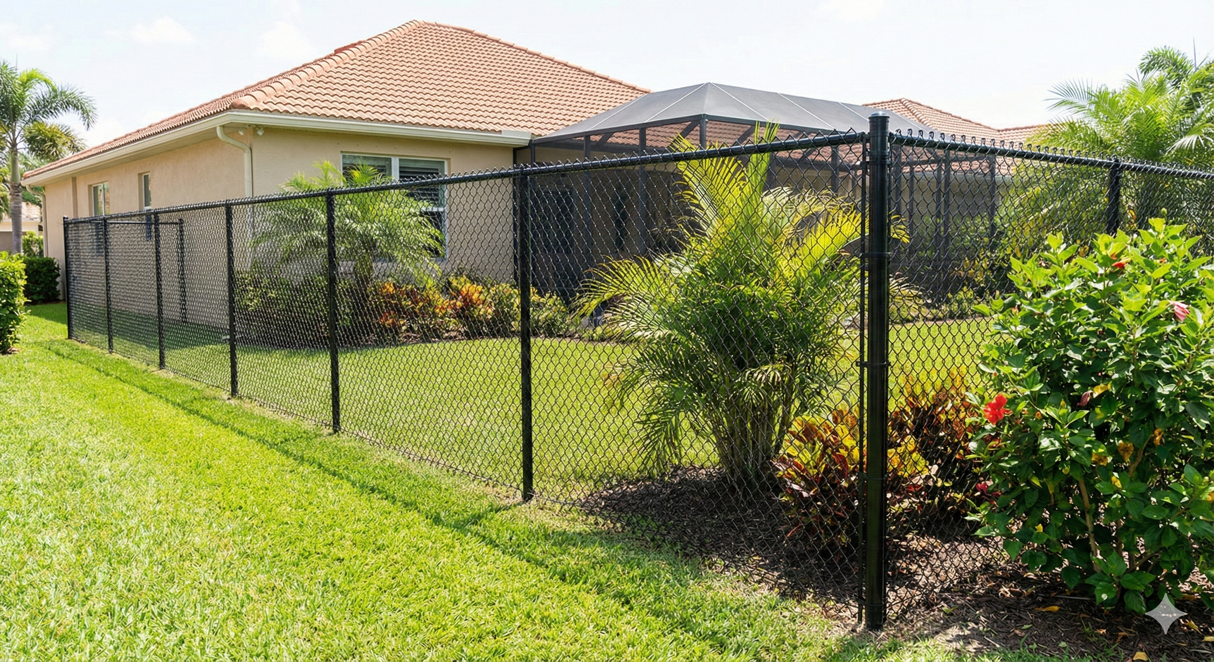 A backyard with a black chain-link fence, green grass, and tropical plants near a house with a red-tiled roof.