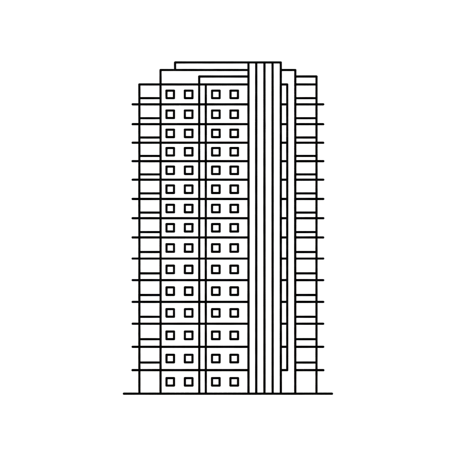 Line drawing of a multi-story building with several windows and vertical structural elements.