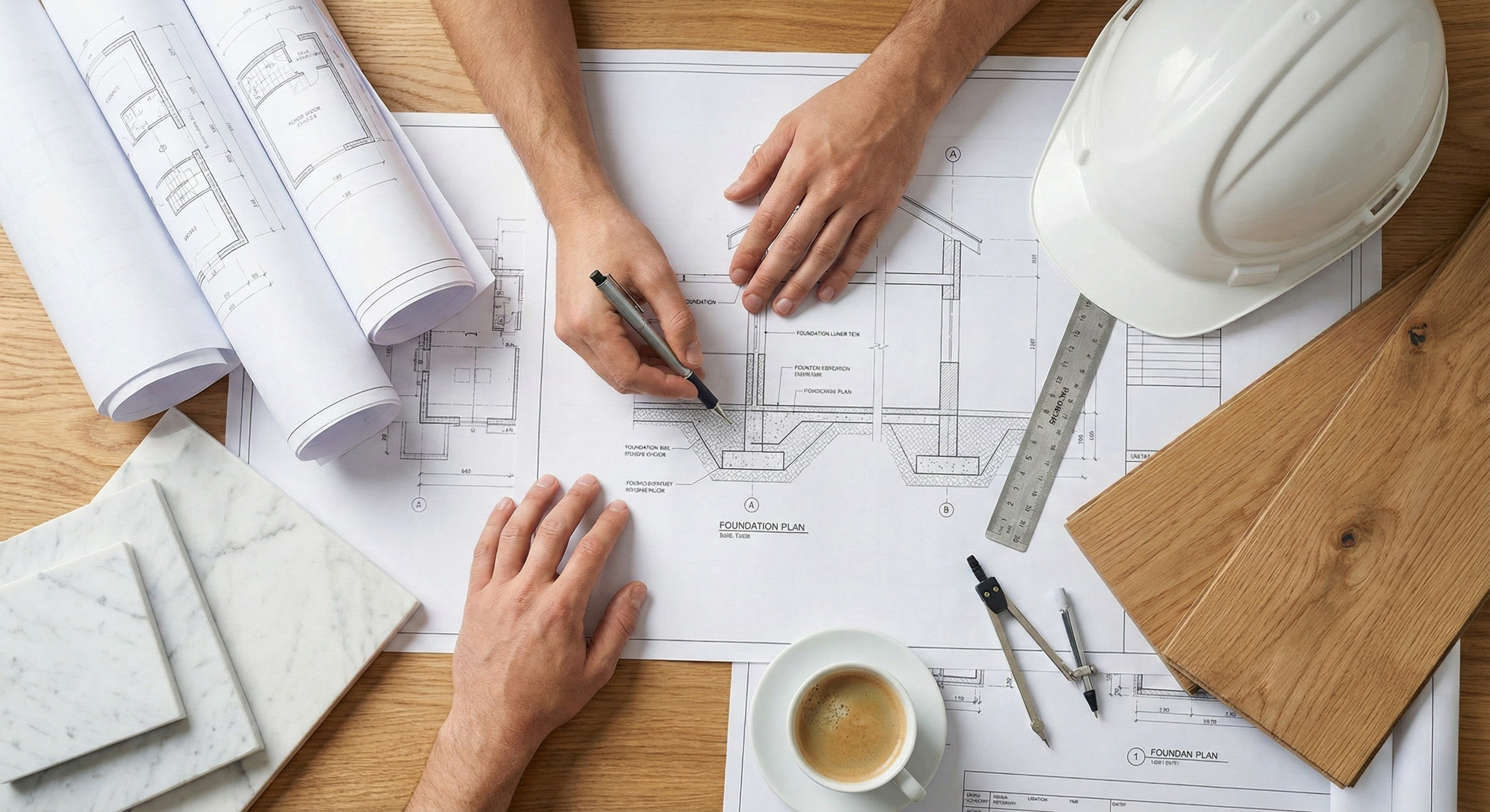 Architectural blueprints and building materials on a wooden table, with a hard hat, cement samples, a ruler, a compass, and a coffee cup, indicating an architecture or construction planning scene.