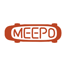 Logo with the word 'MEEPO' inside a stylized orange and brown car shape