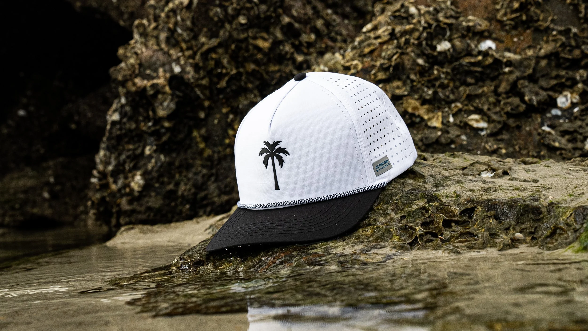 A white and black baseball cap with a palm tree logo resting on a rocky surface near water.