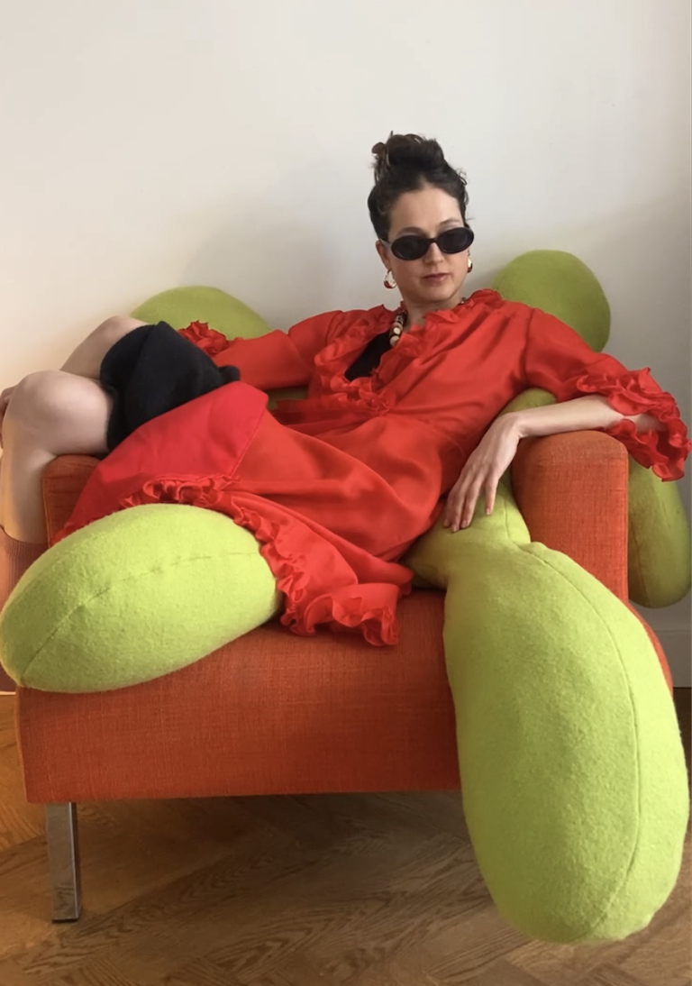 Designer Dorith Kool of Studio Mems with unique decorative throw pillow / cushion in bright green and lime green for modern interior design and home decor.