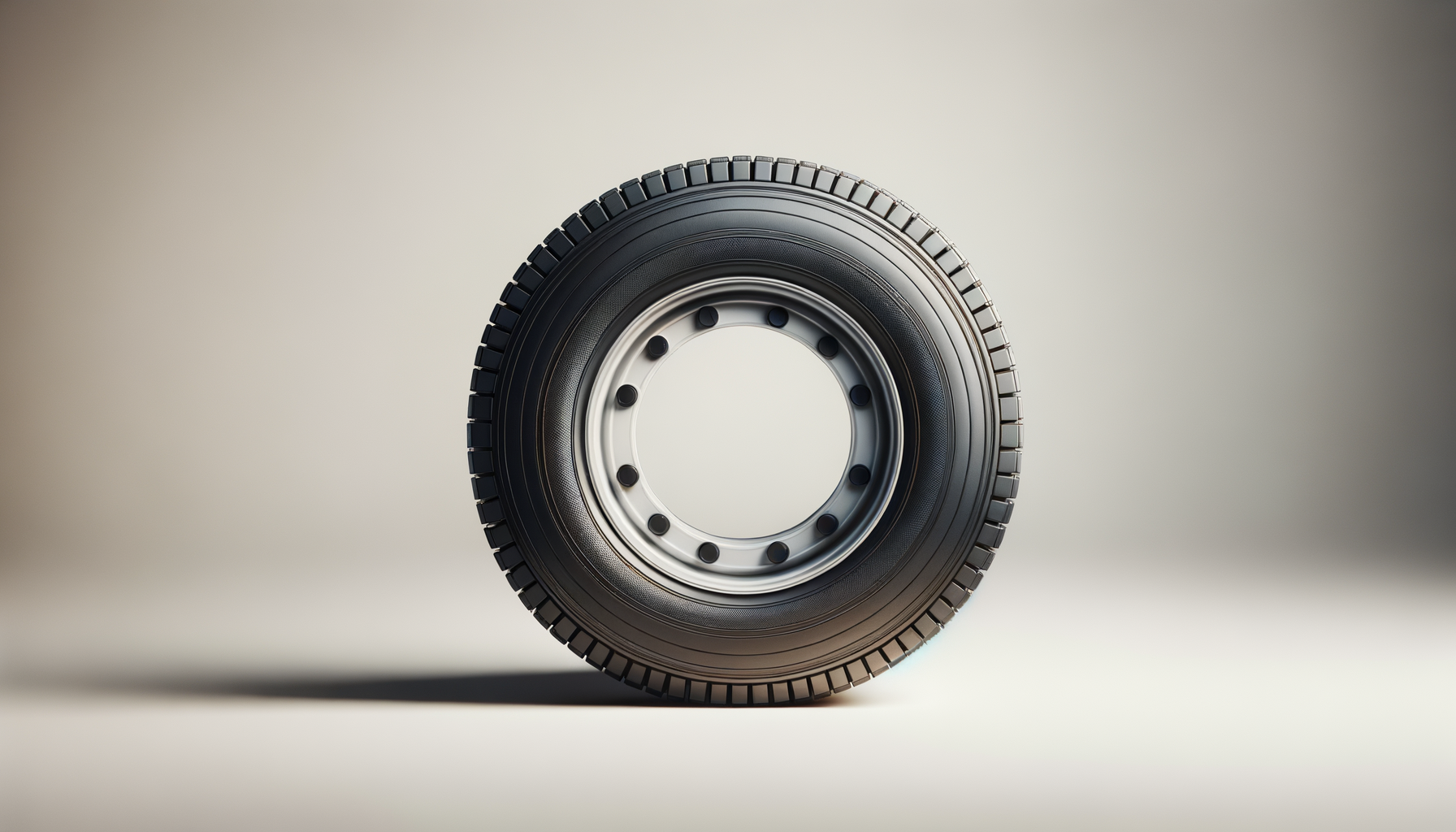 A single black tire standing upright on a flat light-colored surface with a shadow extending to the left.