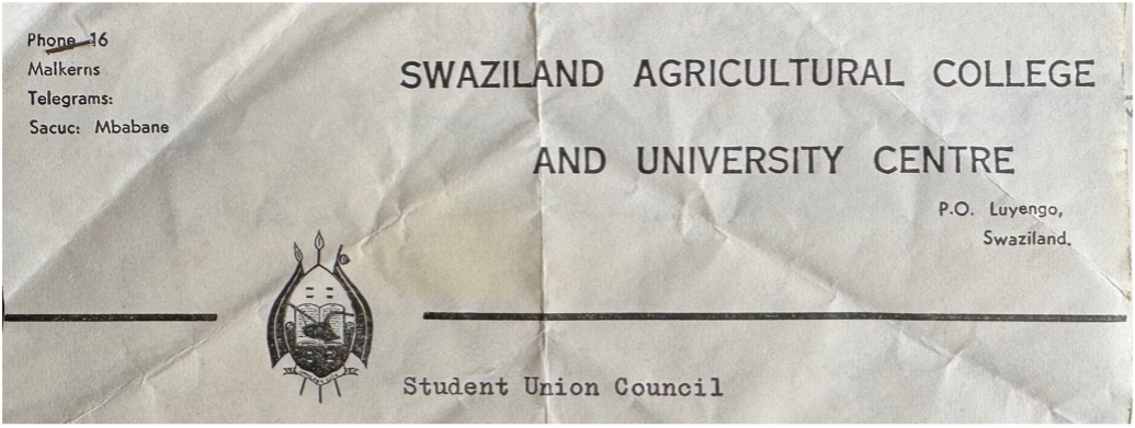 a piece of paper with Swaziland Agricultural College and University Centre. The University crest and Student Union Council below it