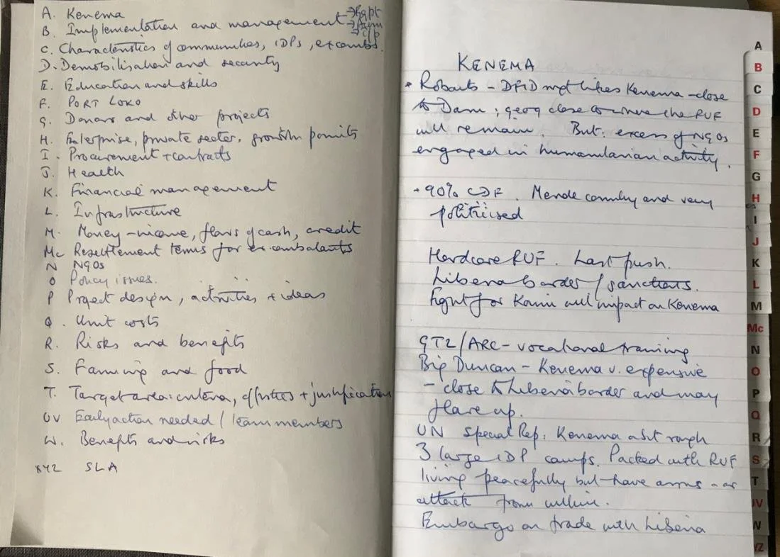 an open notebook with a list on the left from A to Z and handwriting on the right side