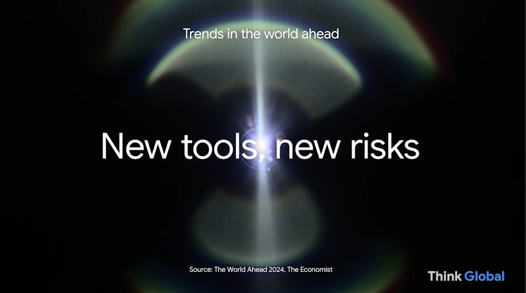 Digital graphic with the text "Trends in the world ahead" and "New tools, new risks" against a black background with light flares and abstract designs. The source is cited as The World Ahead 2024, The Economist. The bottom right has a "Think Global" logo.