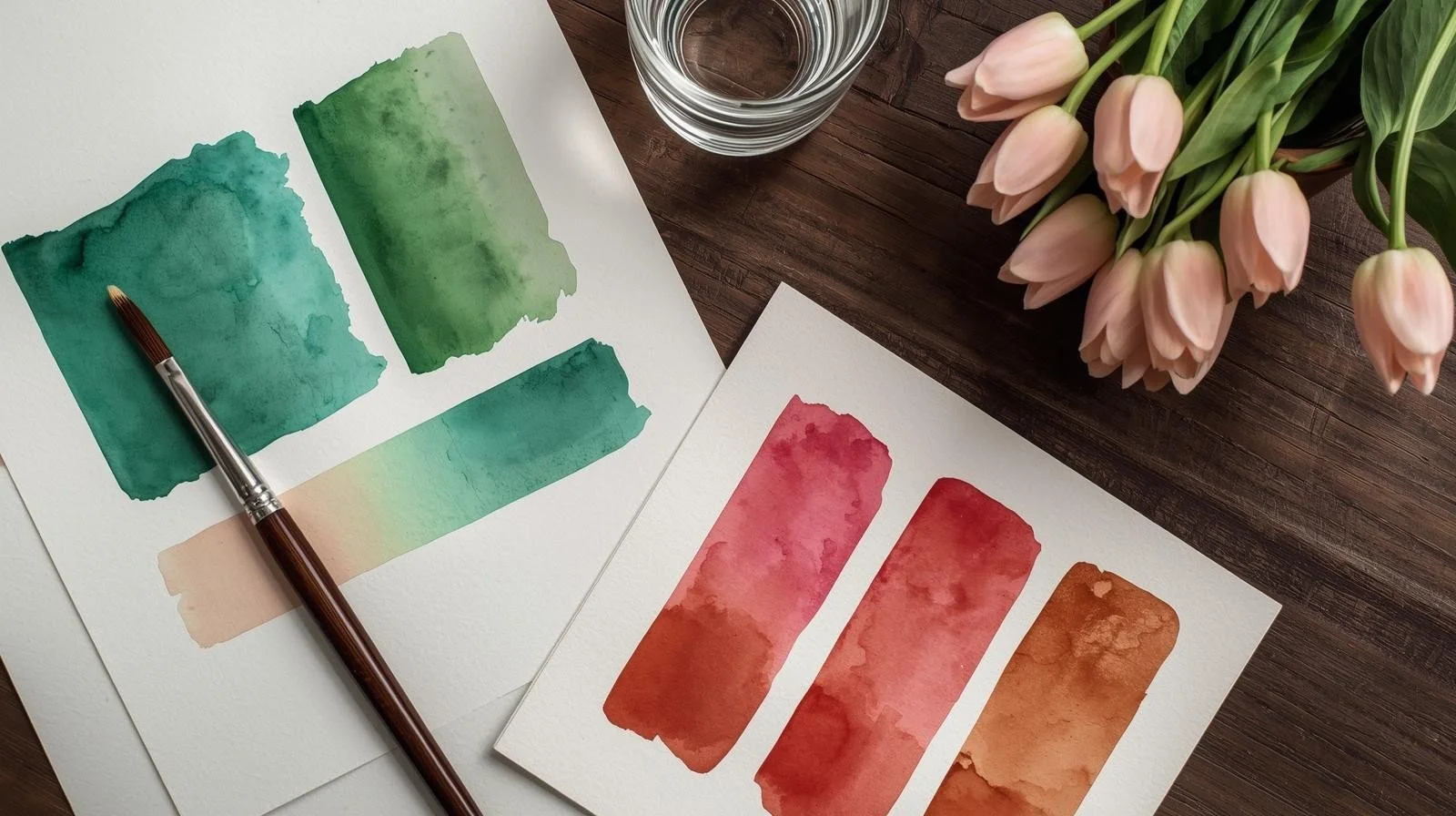 Watercolor paint swatches in green and red hues on watercolor paper, a paintbrush, a glass of water, and a bouquet of pale pink tulips on a wooden surface.