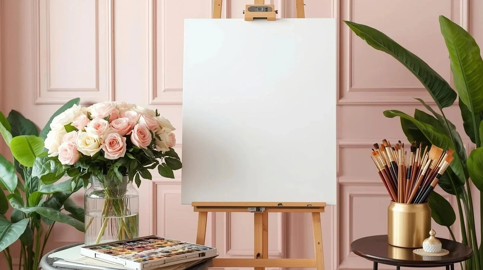 An empty white canvas on a wooden easel, surrounded by a vase of pink and white roses on the left and a container of paintbrushes on the right, in a room with pink paneled walls and large green plants.