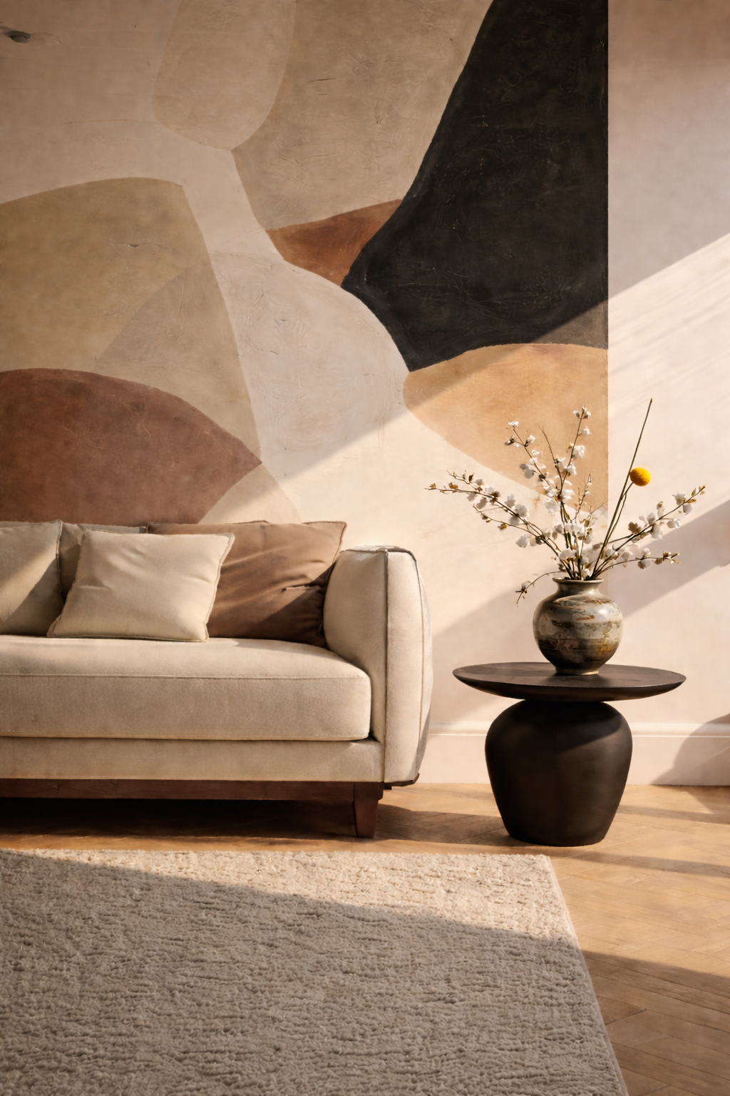 A cozy living room corner featuring a beige sofa with cushions, a dark wooden side table with a decorative vase holding branches and yellow flower, a large abstract wall painting with earthy tones, and a light-colored textured rug on the hardwood floor.