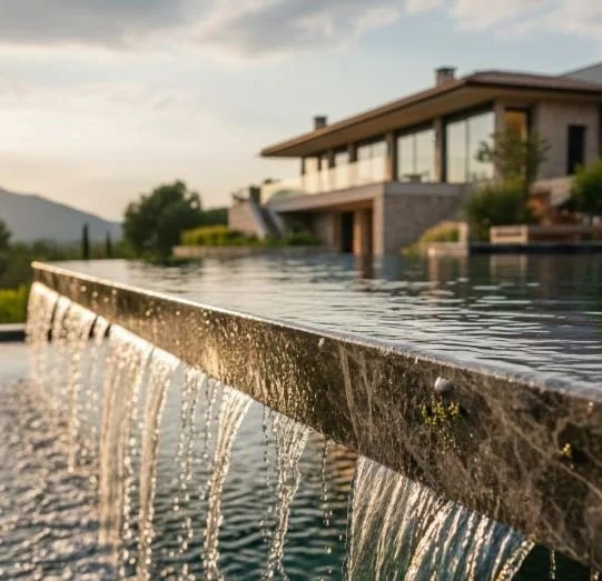 Close-up of an infinity pool with water cascading over the edge, overlooking a modern house and scenic landscape in the background.