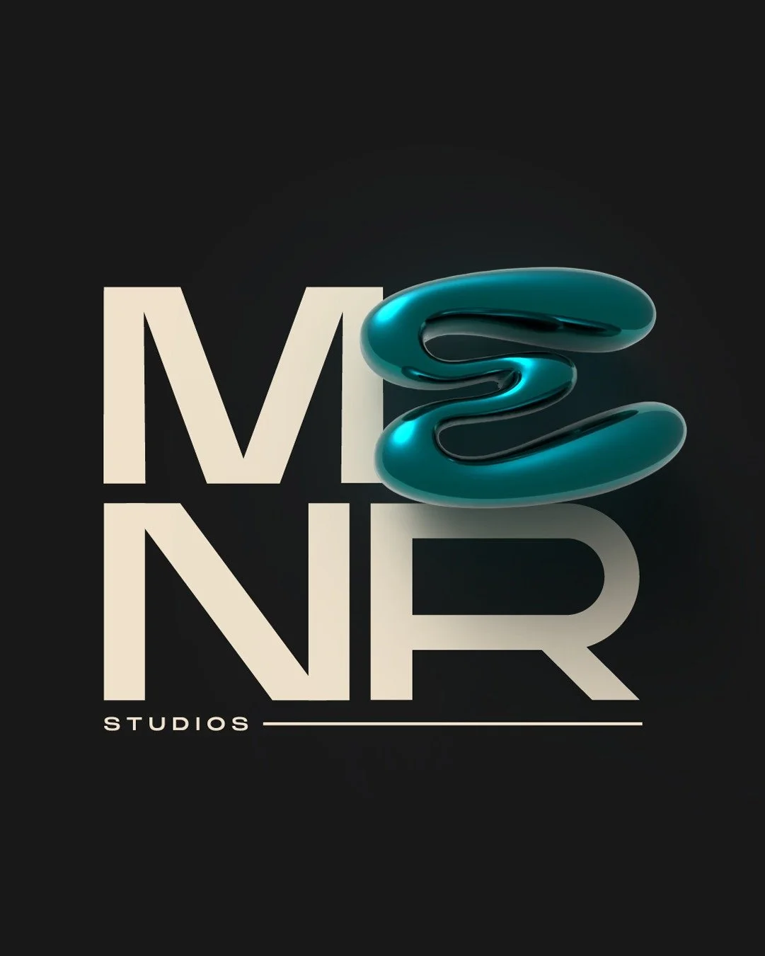 Modern logo with the words 'MN R' and 'STUDIOS' in beige, and a 3D glossy teal abstract shape overlaying the letters on a black background.